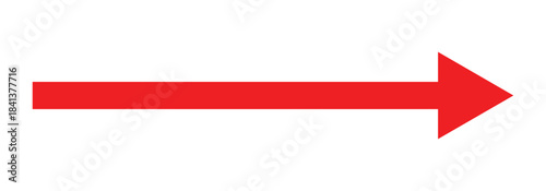 Rightward red long arrow illustration, isolated on a fully white backdrop.