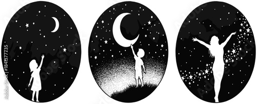 Set of black and white vector silhouettes featuring children and girl reaching for moon and stars in dreamy night sky.