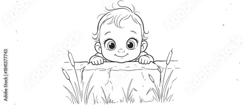 Black and white vector sketch of cute baby peeking over stone wall with nature cattails and grass.