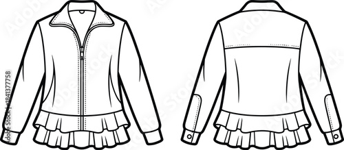 Peplum zip up jacket technical drawing front and back view vector illustration fashion design template isolated white background