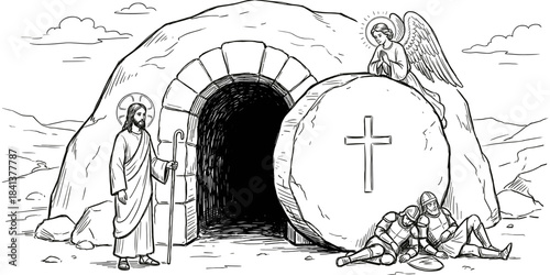 Vector line art of Jesus Christ resurrection scene with open tomb, angel, and sleeping soldiers for Easter design.