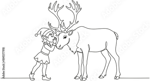 Continuous line drawing of Christmas elf whispering to reindeer, minimalist vector illustration for holiday greeting card design, black and white sketch.