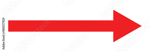 Rightward red long arrow illustration, isolated on a fully white backdrop.