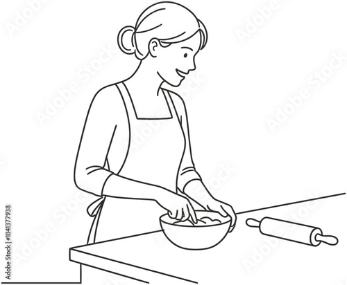 Smiling woman in apron cooking at kitchen counter, mixing dough in bowl near rolling pin, black and white line art.