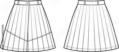 Pleated A line skirt technical drawing front and back view vector illustration fashion design template isolated background