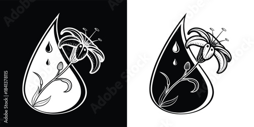 Artistic representation of a lily flower within a yinyang symbol, shown in both black and white versions on contrasting backgrounds