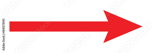 Rightward red long arrow illustration, isolated on a fully white backdrop.