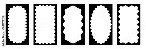 Black scallop frames with wavy curvy borders and soft decorative edges. Abstract organic shapes, empty label spaces, smooth silhouette outlines, minimalist vector design elements for modern graphics