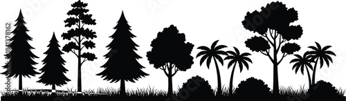 Tree silhouettes collection, diverse plant shapes, palm trees, conifer forest, jungle vegetation, landscape design, foliage variety, abstract art, botanical illustration, environment