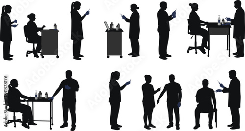 Vaccination silhouettes illustration, healthcare professional and patient, medical consultation art, syringe preparation design, public health artwork, 