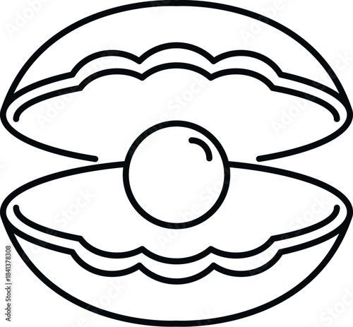 Open oyster shell holding a precious, shiny pearl line drawing