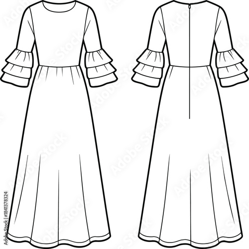 Ruffle sleeve maxi dress technical drawing front and back view vector illustration fashion design template isolated background