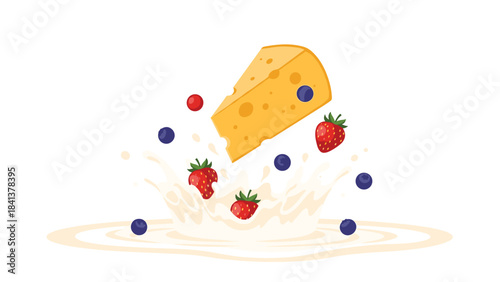 A wedge of cheese splashing into milk with strawberries and blueberries