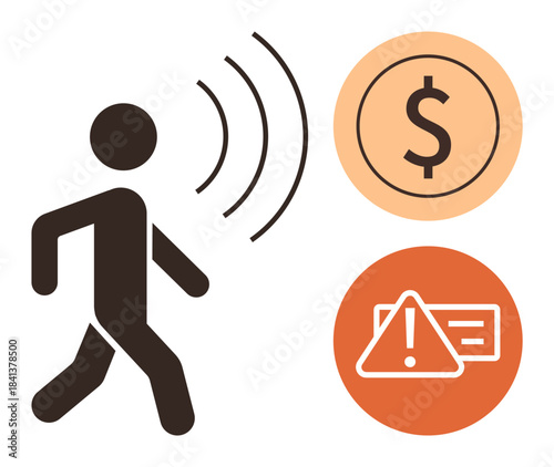 Person icon emitting sound waves, dollar sign bubble, warning sign bubble. Ideal for finance, alerts, payment systems, fraud detection, technology safety financial literacy. Simple flat metaphor