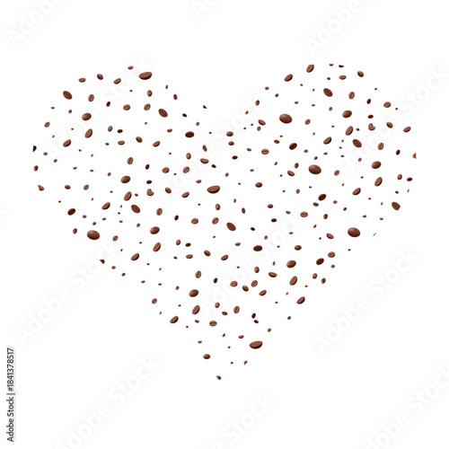 3d flying coffee beans in the heart shape. Brown coffee beans with for advertising and promotion of coffee products. Stock vector illustration on isolated background.