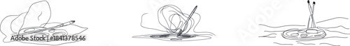 The modern illustration depicts a palette with paints and brushes in minimalist design, drawn in one continuous line