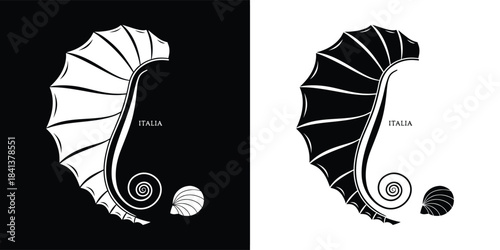 Stylized illustration of a seahorse silhouette in black and white, with a curled tail and fin detail, presented on contrasting backgrounds