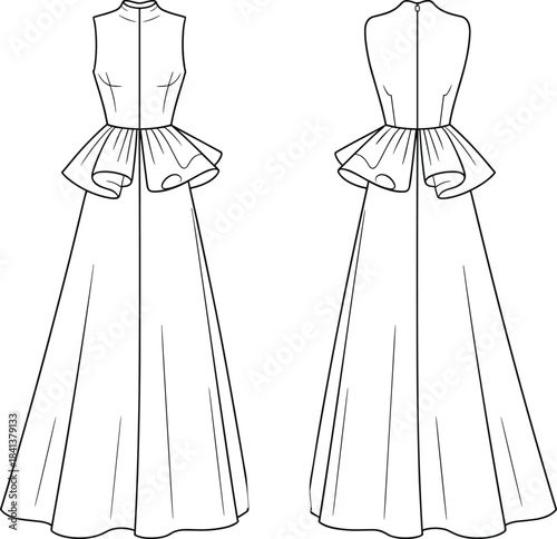 Sleeveless peplum gown technical drawing front and back view vector illustration fashion design template isolated background