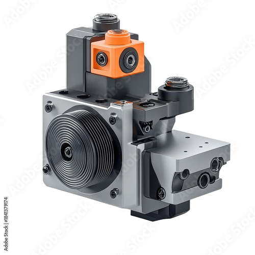 Industrial Hydraulic Valve Block with Orange Control Unit on transparent background
