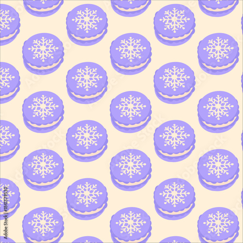 Seamless pattern with Christmas-themed macarons in pastel colors. Cute winter dessert background for wrapping paper, packaging, and festive textile prints.