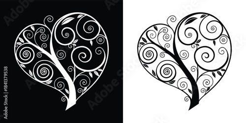 Decorative heart shape with swirling vines and leaves, a stylized tree of love, black and white graphic
