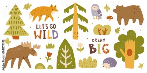 Forest animals doodle set. Cartoon woodland animals collection. Forest bundle.