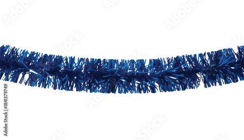 Shimmering vibrant blue tinsel garland, an eye-catching decorative element for festive celebrations, parties, and holiday adornment, isolated on a clean white background