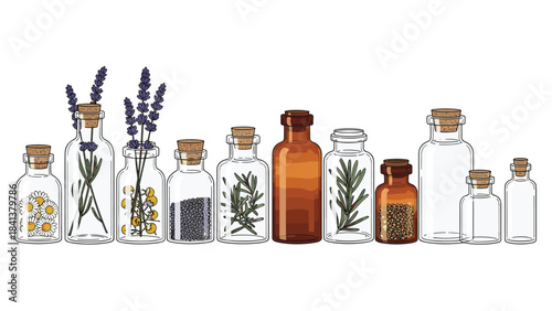A collection of glass bottles and jars with herbs and flowers on a for herbalism and pharmacy concepts