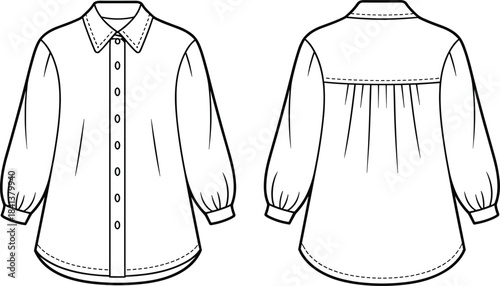 Women long sleeve button down blouse technical drawing front and back view vector illustration fashion design template isolated