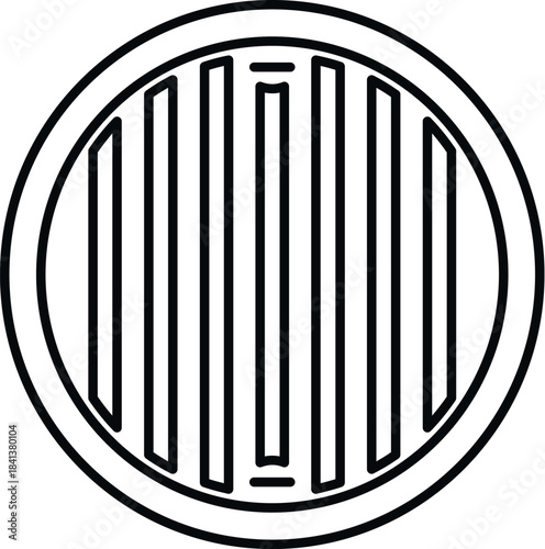 Round manhole cover showing a grate pattern, representing street infrastructure line art