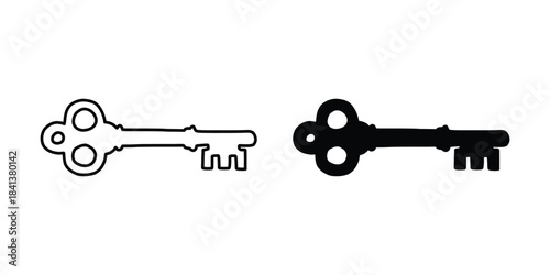 Classic Vintage Key Illustration Bundle. Outline and Solid Shape Designs