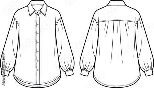 Women puff sleeve blouse technical drawing front and back view vector illustration fashion design template isolated background