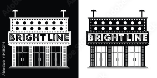 Black and white illustration of a building facade with bright line signage and marquee lights on a black background, and a white version on a white background