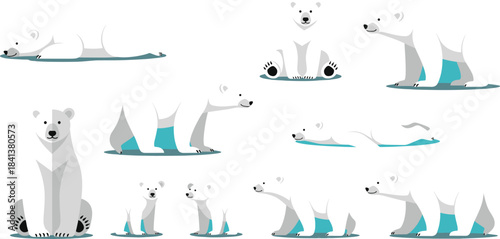 Vector Collection of Emperor and Various Penguin Species in Different Poses (Standing, Swimming, Diving) and Flat Cartoon Style, Ideal for Antarctic Wildlife and Nature Graphics.