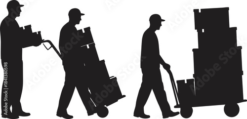 Worker silhouettes carrying boxes, delivery men with hand truck and flatbed cart, logistics transport, manual labor illustration, cargo handling, warehouse shipping