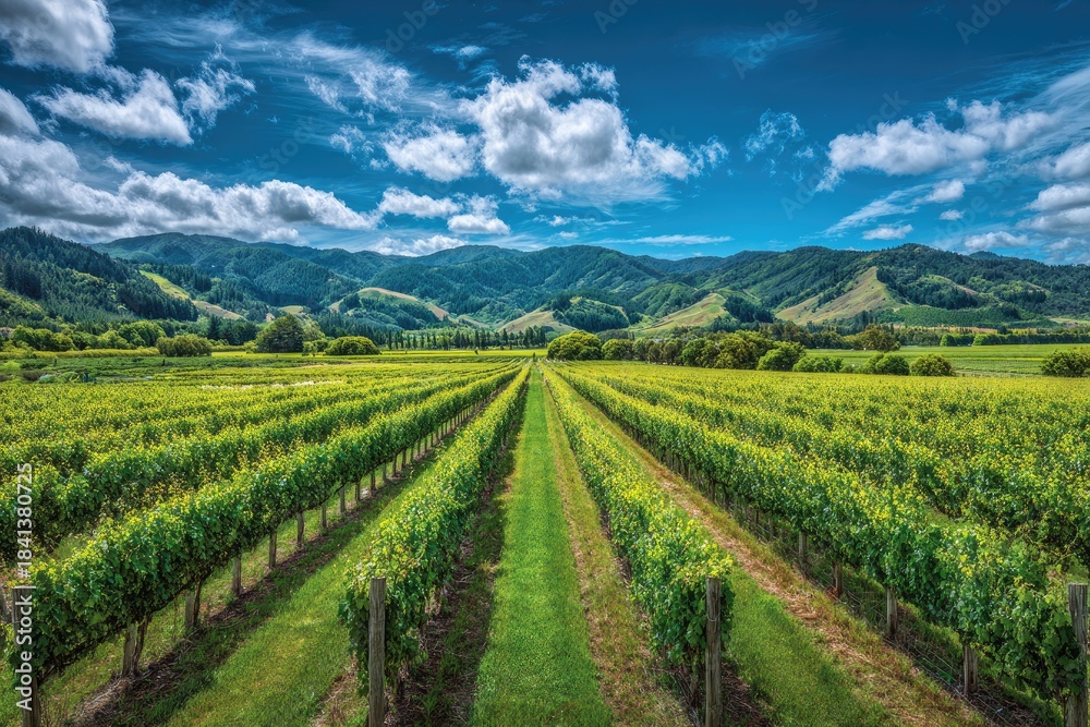 Fototapeta premium Lush vineyard stretching to distant mountains under a dramatic, blue, cloud-filled sky