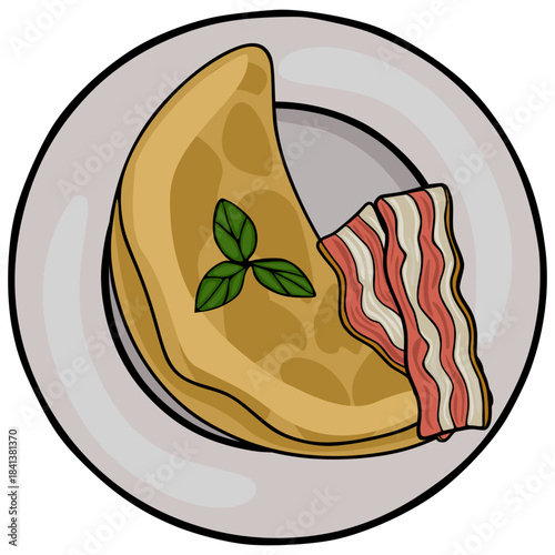 Whimsical vector illustration of a golden omelet with fresh basil leaves and crispy bacon strips served on a light gray plate, perfect for breakfast menus.