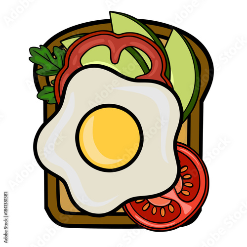 Whimsical vector illustration of a gourmet open-faced sandwich featuring a perfectly fried egg, creamy avocado slices, fresh greens, and vibrant tomato and bell pepper rings on toasted bread.