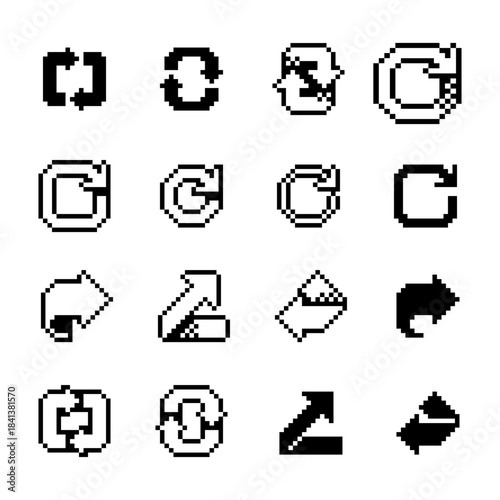 Set of pixel art arrows in retro 8-bit style, including curved arrows, loop arrows, rotation symbols and directional signs for UI elements, apps, games and digital interfaces.