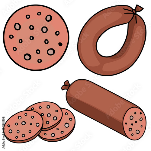 A stylized flat vector illustration showcasing various forms of sliced and whole sausage, including a ring and a log, with visible speckles.