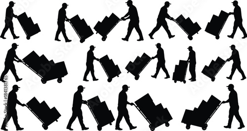 Worker silhouettes pushing hand trucks, delivery men moving boxes, logistics transport, manual labor illustration, cargo handling, warehouse shipping, freight movement, occupation