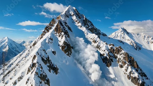 Majestic alpine panorama capturing a formidable snow avalanche cascading down a towering, rugged peak under a crisp blue sky, a powerful natural