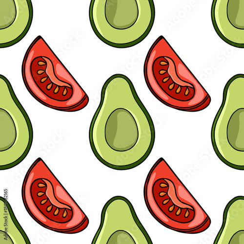 Seamless vector pattern featuring sliced avocados and tomato wedges with vibrant colors and clean outlines.