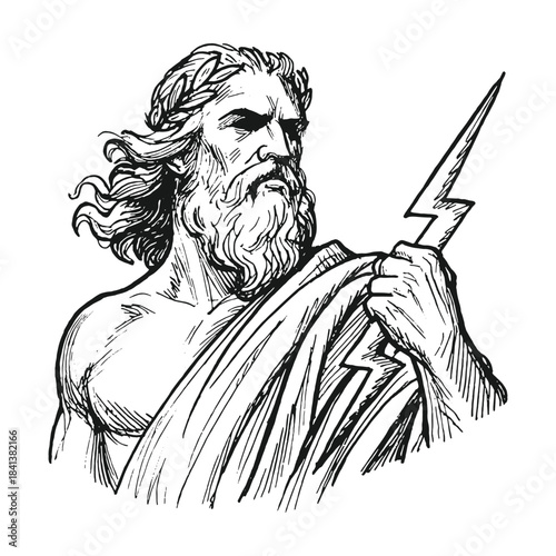 Engraved vector illustration of Zeus, the Greek god of thunder, depicted holding a lightning bolt in dramatic classical style for fantasy artworks, mythological prints, and themed design projects.