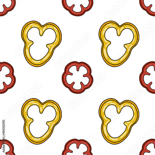 Seamless vector pattern of red and yellow bell pepper slices with a clean white background.