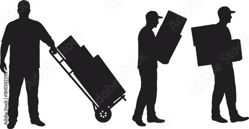 Worker silhouettes with boxes, delivery men carrying packages, logistics transport, manual labor illustration, cargo handling, warehouse shipping, freight movement, occupationWorker silhouettes 
