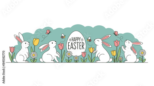 Five adorable white Easter bunnies playing among colorful spring flowers and buzzing bees with a "Happy Easter" egg.