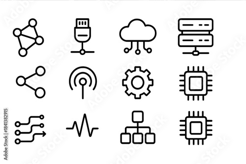 Digital Network Icons. Digital network. Line outline icon set of digital network: nodes, cables, cloud, server