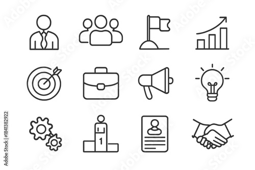 Leadership Icons Grid. Leadership and management. Line outline icon set of leadership and management: leader