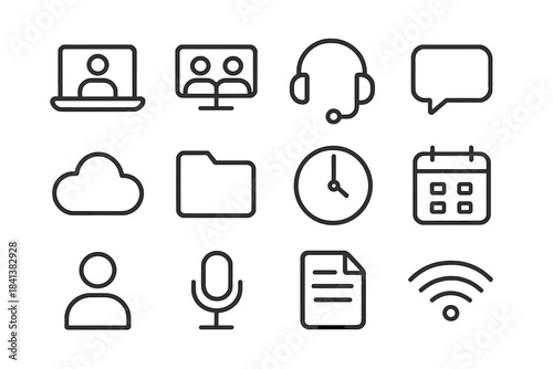 Remote Work Icons. Remote teamwork. Line outline icon set of remote teamwork: laptop, video call, headset,